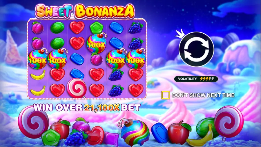 Recurso de bombas multiplicadoras do Sweet Bonanza mostrando bombas de doce arco-íris com vários valores de multiplicador
