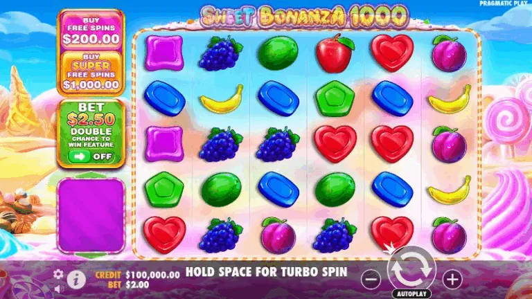 Interface do modo demo Sweet Bonanza mostrando jogabilidade sem risco com créditos virtuais